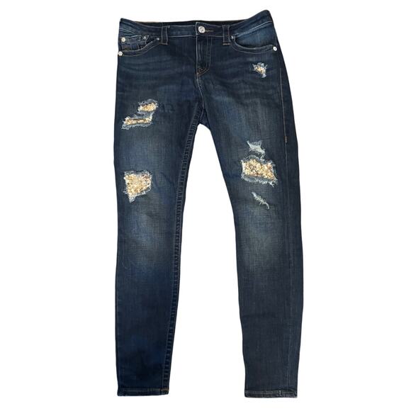 True Religion Jennie Curvy Skinny Jeans Sequin Distressed Dark Wash Size 32 W - Picture 1 of 6